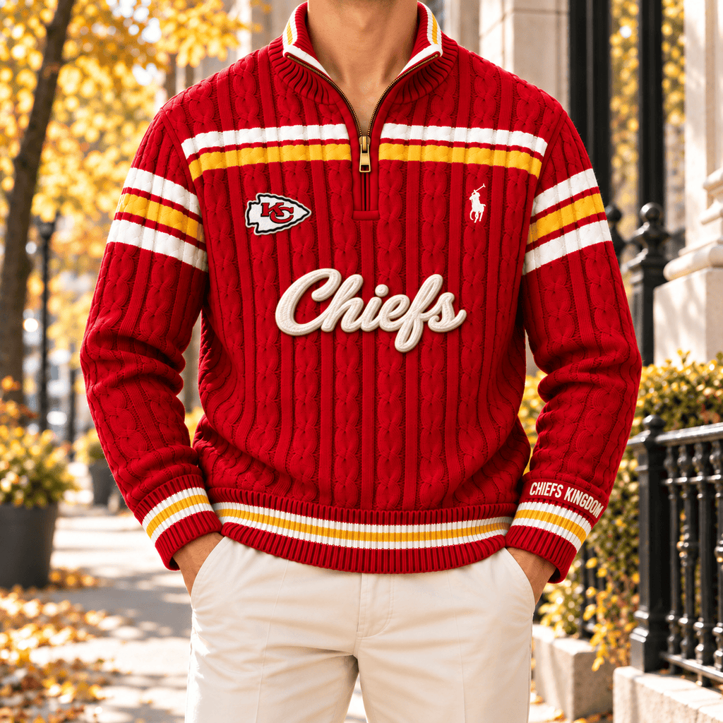 KCC PREMIUM Varsity Cable-Knit Quarter-Zip Sweater NHVH